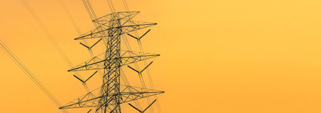 Banner High voltage pole electric wiring distribution landscape energy engineering. Electricity...