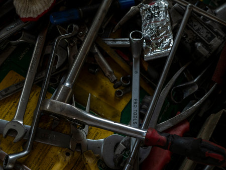 Mechanic tools engineering equipment car auto repair shop with copy space. Blurred background...