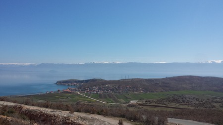 Lin Village Pogradec Albania Fshati Lin Mountain Liqeni i Ohritの写真素材