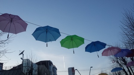 Umbrellas Korce Albania Summer Day Pedonale Pedestrian Boulevard Korca Shqiperiの写真素材