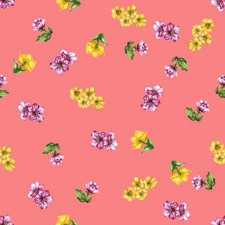 Watercolor painting of leaf and flowers, seamless patternの写真素材