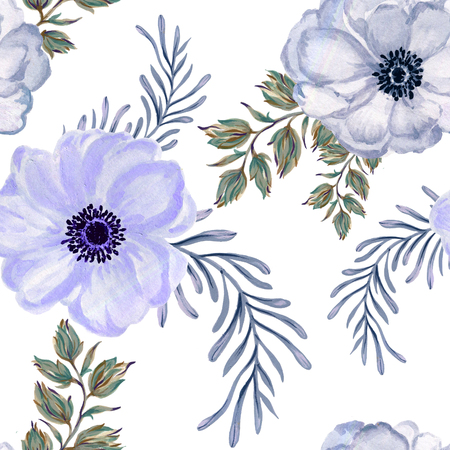 Watercolor gouache anemone floral and leaves  hand drawn floral illustration seamless pattern background Elegant flower vintage styleの写真素材