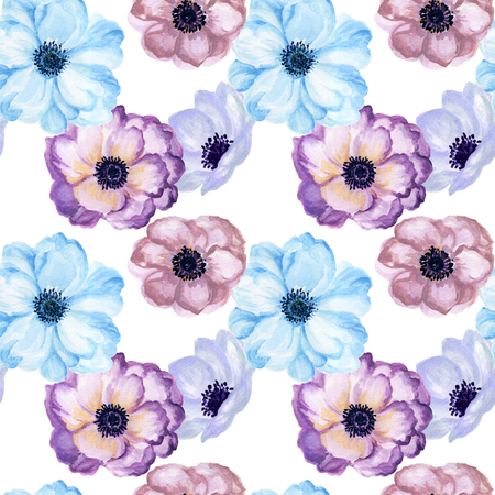 Watercolor gouache anemone floral and leaves  hand drawn floral illustration seamless pattern background Elegant flower vintage styleの写真素材