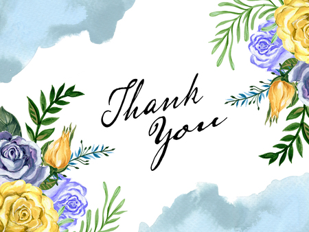 watercolor gouache elegant vintage Rose flower with leaves colorful blossom card hand paintedの写真素材