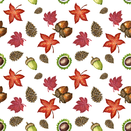 Watercolor gouache vintage  autumn and fall seasons seamless pattern set of leaves, branches, bird, fox, mushroom and pumpkins  Thanksgiving, Halloween illustration for your design hand paintedの写真素材