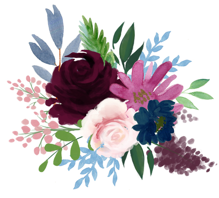 watercolor flora bohemian vintage rose peony abstract flower arrangement and leaf  with feather colorful flower illustration for wedding, anniversary, birthday, invitations, party hand paintの写真素材