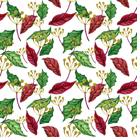 Hand drawn watercolor gouache seamless holiday pattern with different poinsettia flowers and leaves elegant style Repeated vintage backgroundの写真素材