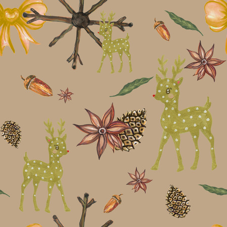 Vintage Christmas party pattern Watercolor Gouache Illustrations of Christmas decorations hand paintの写真素材