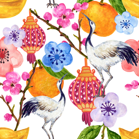 Hand drawn seamless background pattern inspired by chinese Korean and Japan kimono yukata background backdrop watercolor gouacheの写真素材