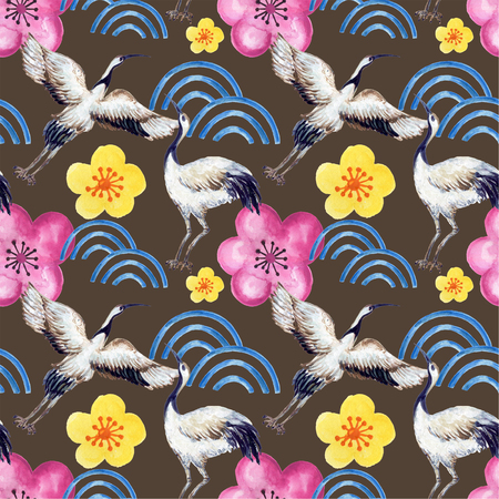 Hand drawn seamless background pattern inspired by chinese Korean and Japan kimono yukata background backdrop watercolor gouacheの写真素材