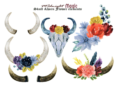 Set of hand painted watercolor flowers, leaves, antlers and horns  in rustic style. Bohemian composition perfect for floral design elementsの写真素材