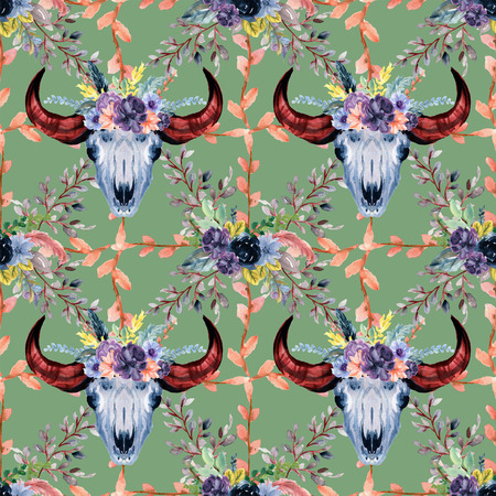Seamless pattern watercolor ethnic bohemian style  burgundy garnet navy blue flowers leaf bouquet for Wedding, stationary, greetings, wallpapers, fashion, background hand paintの写真素材