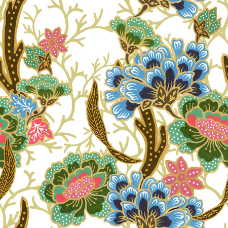 vintage seamless pattern gold outline with exotic traditional floral pattern watercolor gouache hand paintingの写真素材