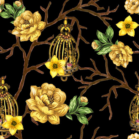 Romantic seamless pattern background with rose peonies daisy flowers birds and cages watercolor gouache illustration hand paintedの写真素材