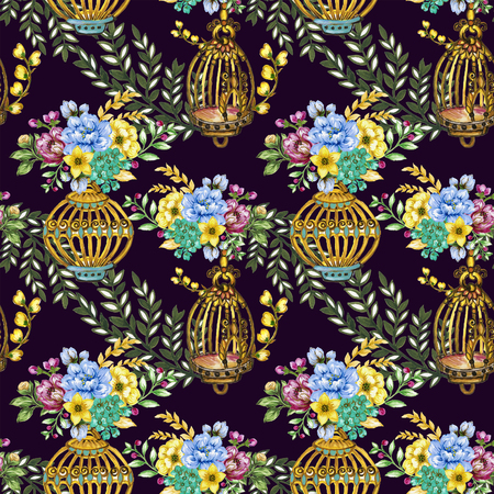 Romantic seamless pattern background with rose peonies daisy flowers birds and cages watercolor gouache illustration hand paintedの写真素材