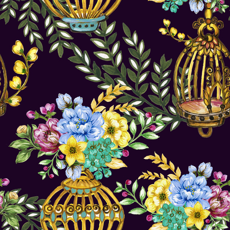 Romantic seamless pattern background with rose peonies daisy flowers birds and cages watercolor gouache illustration hand paintedの写真素材