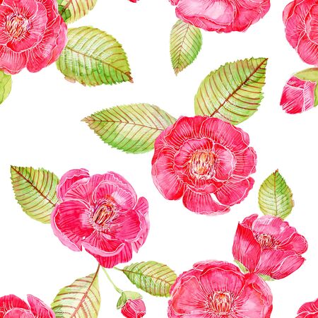 Watercolor pink red sweet Camelia japan flower isolated frame border on white background for card wallpaper invitation hand paintの写真素材