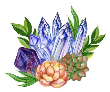 Watercolor Crystal cluster and Gemstone and Stone foliage botanical leaves bouquet ornament on white Background hand paintの写真素材