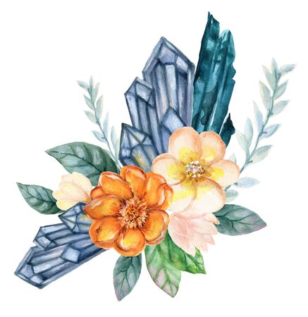 Watercolor Crystal cluster and Gemstone and Stone foliage botanical leaves bouquet ornament on white Background hand paintの写真素材