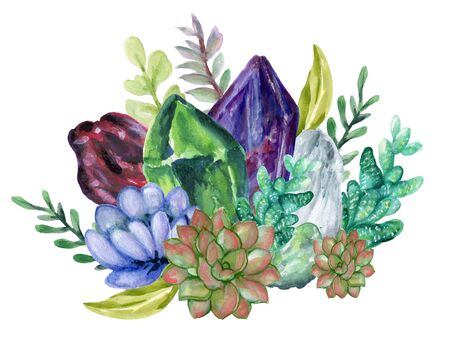 watercolor gouache elegant vintage Crystal Stone and Gemstones with flower succulents and foliage leaf bouquet wreath hand painted on white backgroundの写真素材