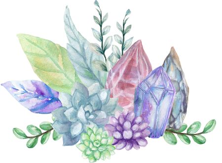 watercolor gouache elegant vintage Crystal Stone and Gemstones with flower succulents and foliage leaf bouquet wreath hand painted on white backgroundの写真素材