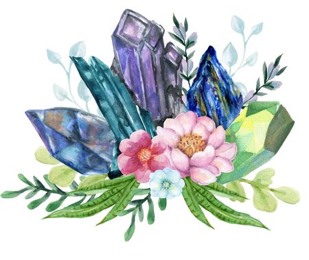 watercolor gouache elegant vintage Crystal Stone and Gemstones with flower succulants and foliage leaf bouquet wreath hand painted on white backgroundの写真素材