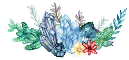 watercolor gouache elegant vintage Crystal Stone and Gemstones with flower succulants and foliage leaf bouquet wreath hand painted on white backgroundの写真素材