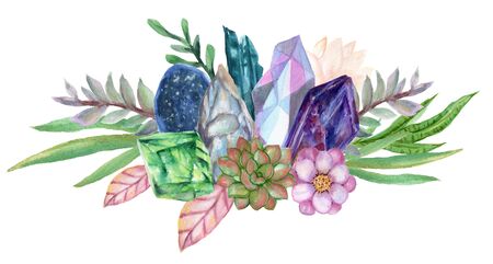 watercolor gouache elegant vintage Crystal Stone and Gemstones with flower succulants and foliage leaf bouquet wreath hand painted on white backgroundの写真素材