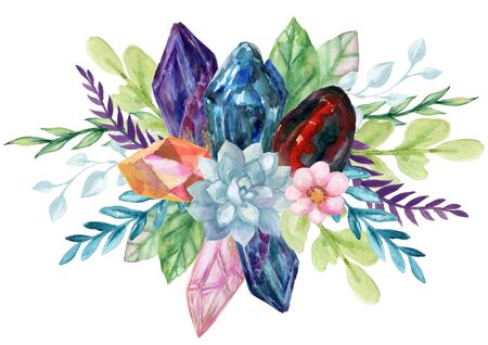 Watercolor Jewelry Stone Gemstone Crystal cluster foliage bouquet ornament hand drawn on white Backgroundの写真素材
