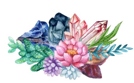 Watercolor Jewelry Stone Gemstone Crystal cluster foliage bouquet ornament hand drawn on white Backgroundの写真素材
