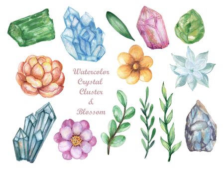 Watercolor gouache isolate colorful Crytal cluster Gemstone Stone elements on white background hand drawnの写真素材