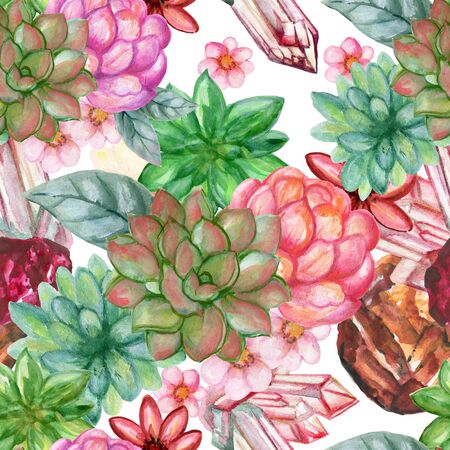 Watercolor beautiful quartz crystal Gemstone Stone mineral with succulents blossom collection isolated on white background hand paintの写真素材
