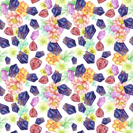 Watercolor beautiful quartz crystal Gemstone Stone mineral with succulents blossom collection isolated on white background hand paintの写真素材