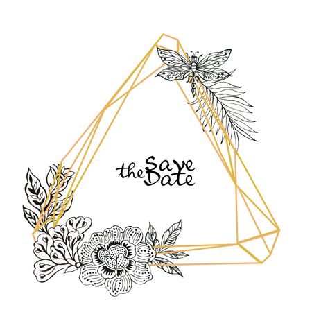 Outline flower bouquet garden  asian batik boho and leaves and gold 
triangle frame card design for invitation holiday party elegance wedding by handの写真素材