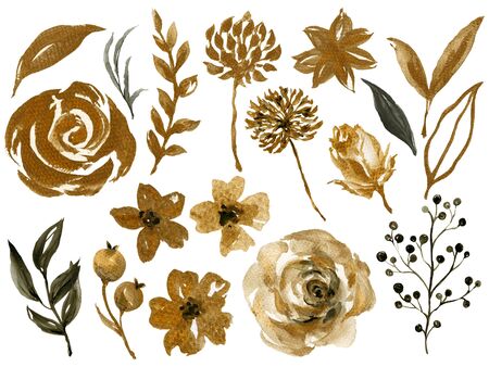 Watercolor illustration Botanical gold and black leaves collection Set of wild and garden and abstract leaves elements hand paintedの写真素材