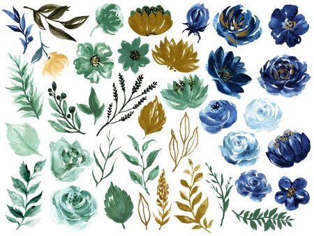 Watercolor illustration Botanical rose teal blue and gold black peony bunch foliage ranunculus wild flower  leaves collection blossom leaves element hand paintedの写真素材