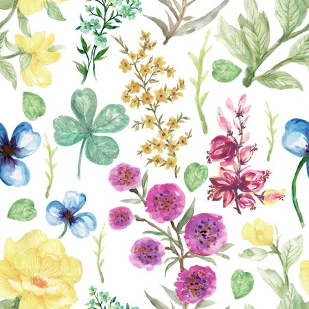 Seamless pattern with wild flowers blossom and leaves style for trendy fabric print fashion Watercolor hand paintの写真素材