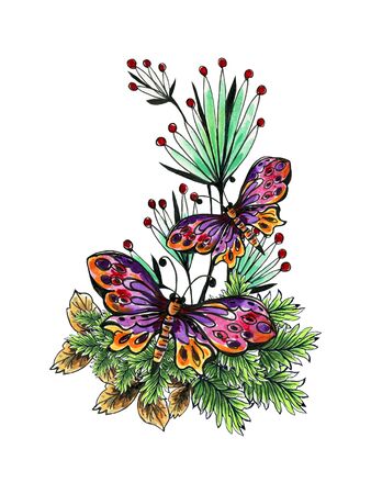 Amazon paradise botanical blossom foliage bouquet watercolor colorful and insect butterfly compose by hand on white backgroundの写真素材