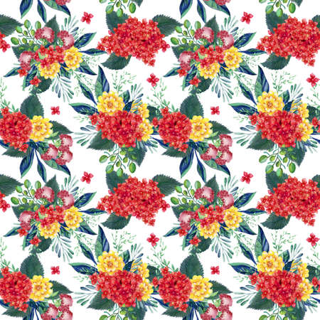 Watercolor
botanical blossom foliage bouquet watercolor colorful Hydrangea marigold abstract bud seamless pattern for fabric print fashion backdrop party on whiteの写真素材