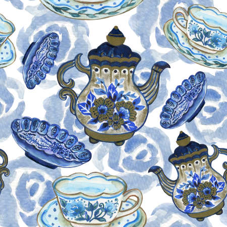 watercolor indigo navy blue tea party teapot teacup dish  and botanical blossom seamless pattern backdrop backgroundの写真素材