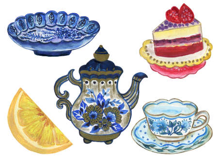 Vintage watercolor Chinese porcelain blue ceramic and strawberry cake and lemon cut   elements for wallpaper, fabric, wrapping, card hand paintの写真素材