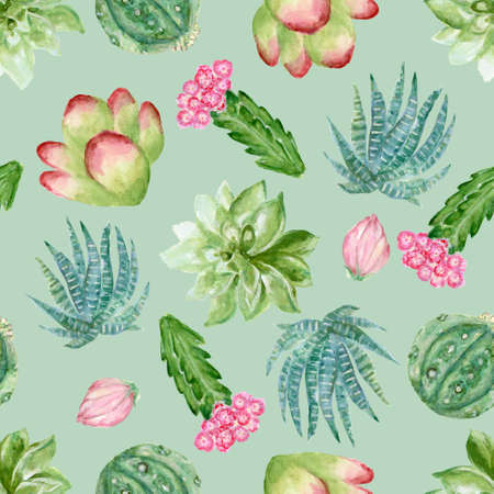 Watercolor Pastel hand drawn with cactus and succulents  botanical plants illustrations seamless...