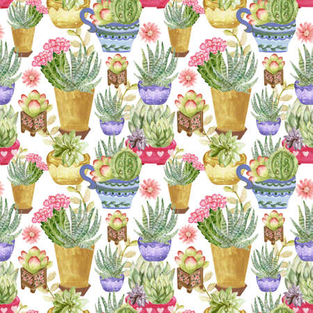 Watercolor hand drawn illustration with cactus and succulents  Green house botanical plants illustrations seamless pattern background backdropの写真素材
