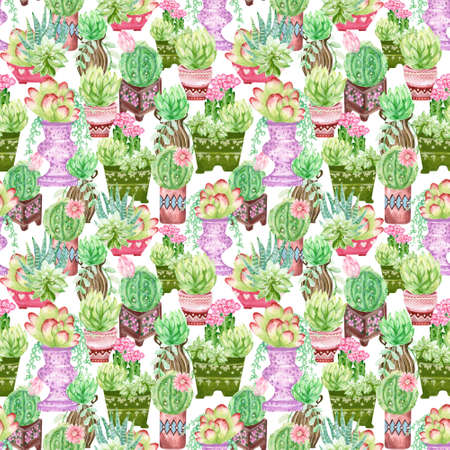 Watercolor hand drawn illustration with cactus and succulents  Green house botanical plants illustrations seamless pattern background backdropの写真素材