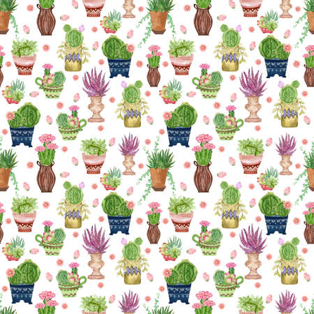 Watercolor hand drawn illustration with cactus and succulents  Green house botanical plants...