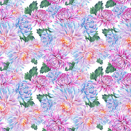 Floral seamless pattern with watercolor style chrysanthemum peonies flower blooming garden flowers foliage leaf Background hand drawingの写真素材