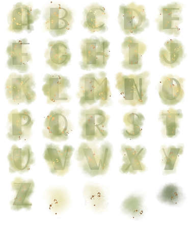 Alphabet at watercolor splash green glod yellow elegance font for botanical labels, birthday print, wedding posters digital hand paintingの写真素材