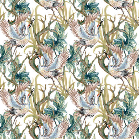 Hand drawn Crane bird and dry wood branch leaves on white background inspired by chinese Korean and Japan kimono yukata background backdrop watercolor gouacheの写真素材