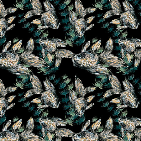 Illustration watercolor hand paint black goldfish and aquatic plants seaweed botanical seamless pattern for fabic textile scrapbookの写真素材