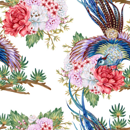 Hand painting seamless background pattern inspired by chinese Korean and Japan kimono pheonix or pheasant flower blossom botanical watercolor illustrationの写真素材